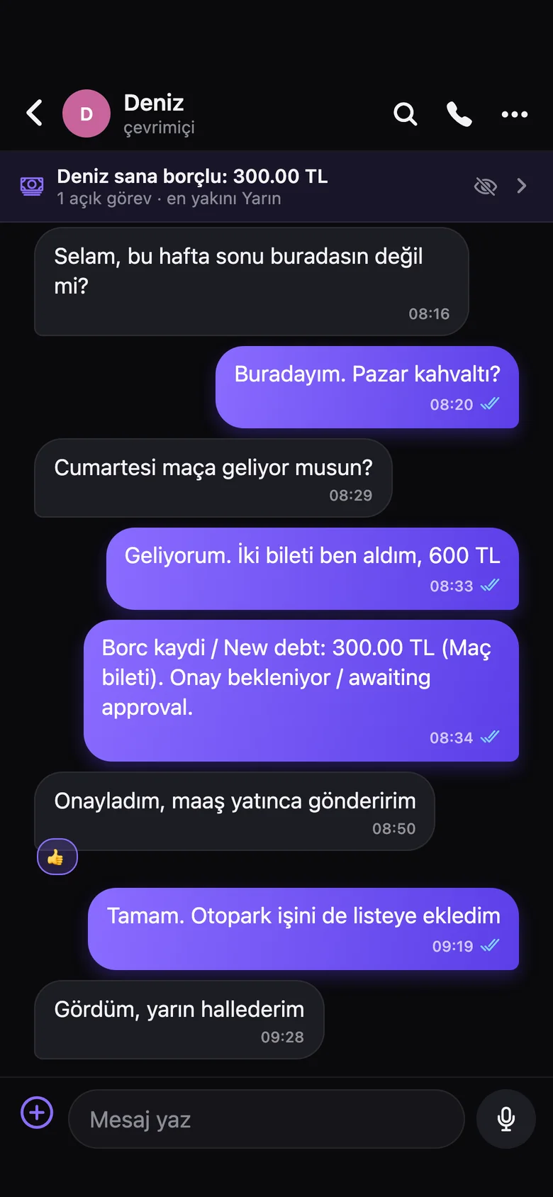 Sohbetin üstünde borç şeridi ve sohbete düşen borç kaydı