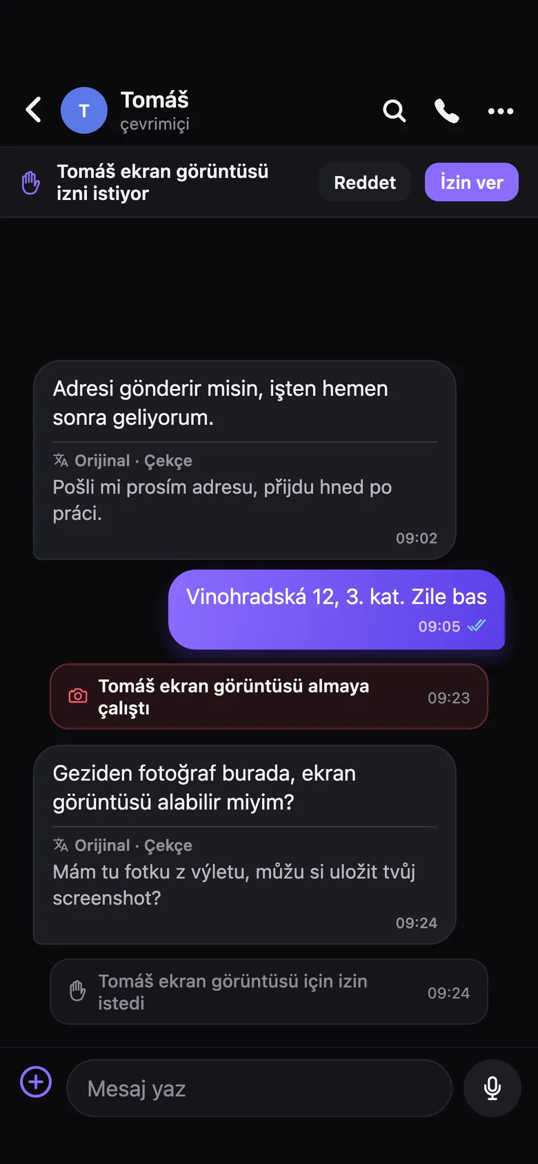 Sohbette izinsiz ekran görüntüsü uyarısı ve izin isteği