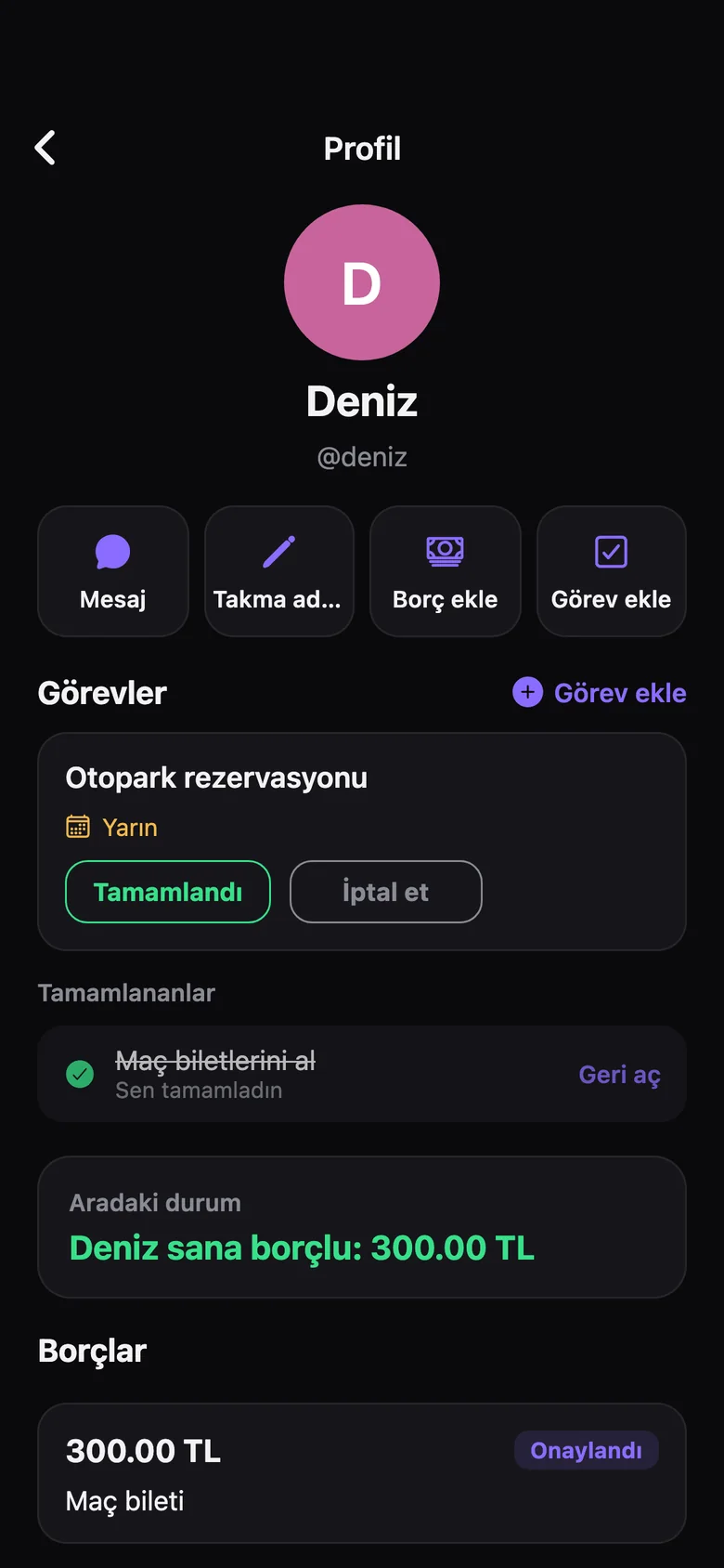 Profil ekranında yarın tarihli açık görev ve tamamlanan görev
