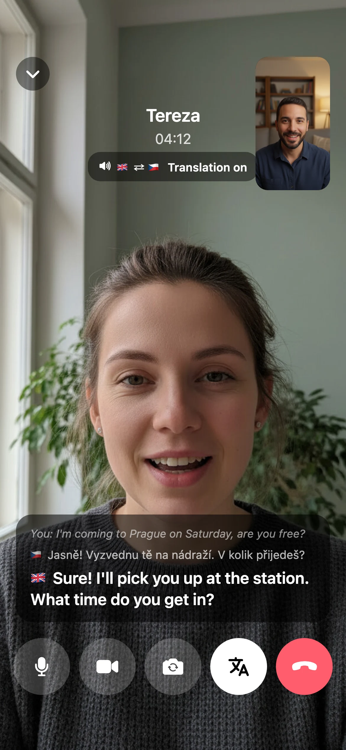 Video call on your screen: Tereza full screen with English captions