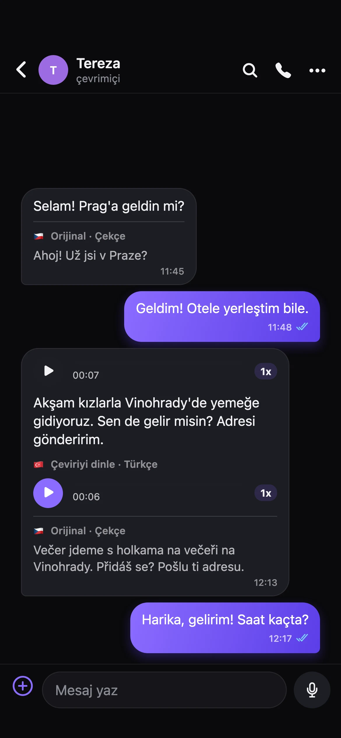 Sohbet ekranı: Çekçe sesli mesajın Türkçe yazısı ve seslendirmesi